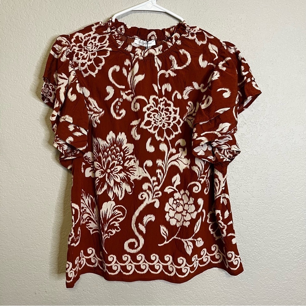 NWT Ces Femme Floral Ruffle Rust and Cream Short Sleeve Top Size Medium Feminine